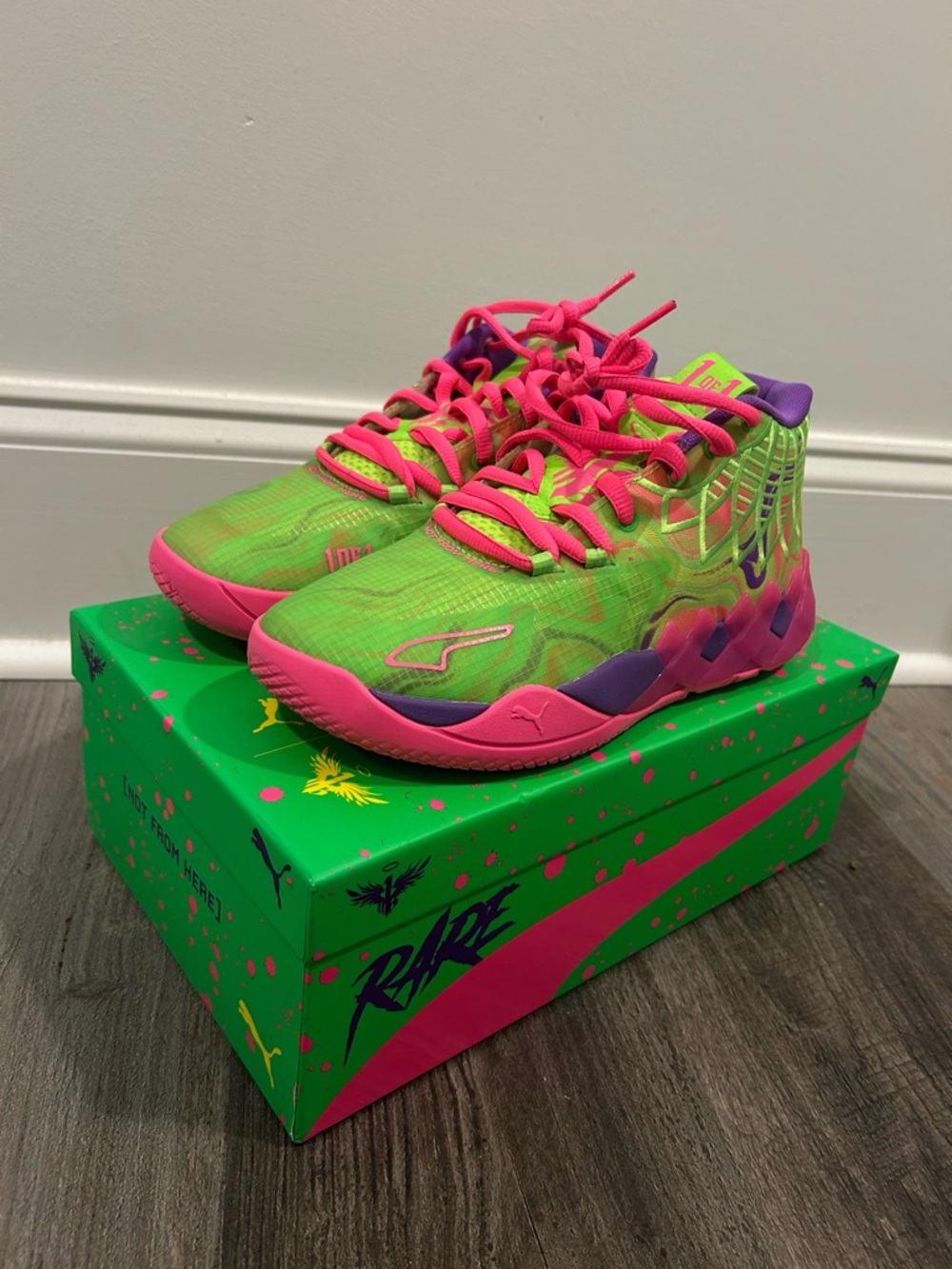 Puma Lamelos Kids Neon Green & Hot Pink Athletic Sneakers with Purple Accents